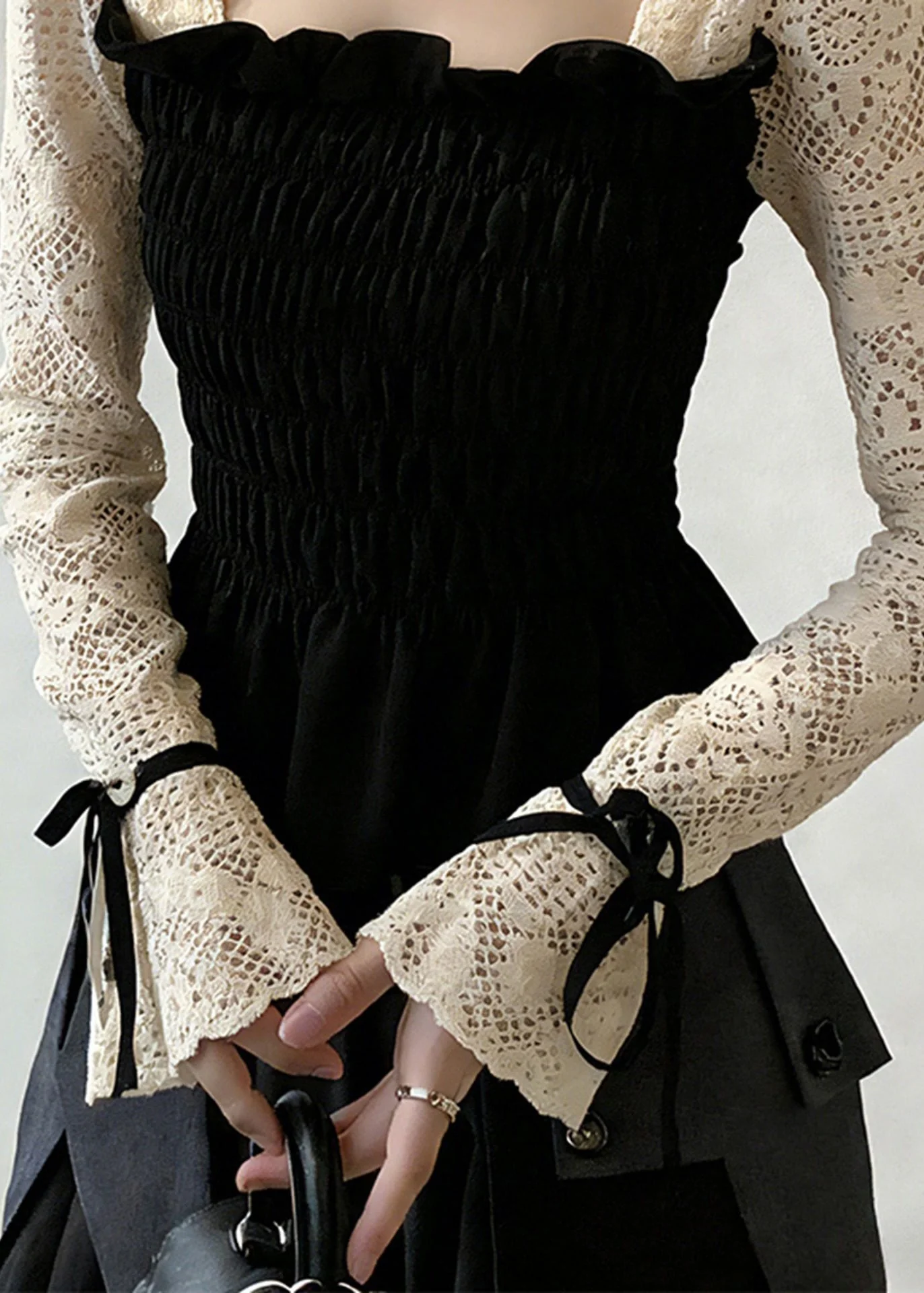 Chic Black Square Collar Patchwork Cotton Shirt Tops Flare Sleeve - Image 5