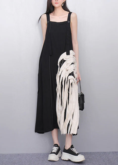 Chic Black Tasseled Patchwork Cotton Sundress Summer