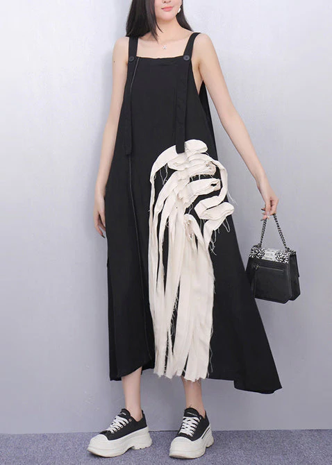 Chic Black Tasseled Patchwork Cotton Sundress Summer - Image 2