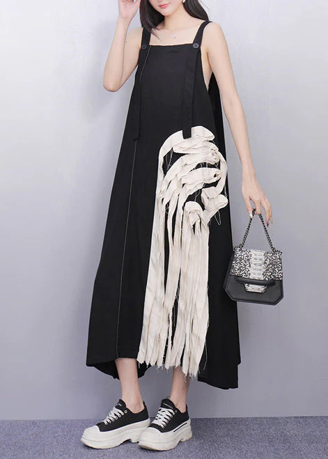 Chic Black Tasseled Patchwork Cotton Sundress Summer - Image 4