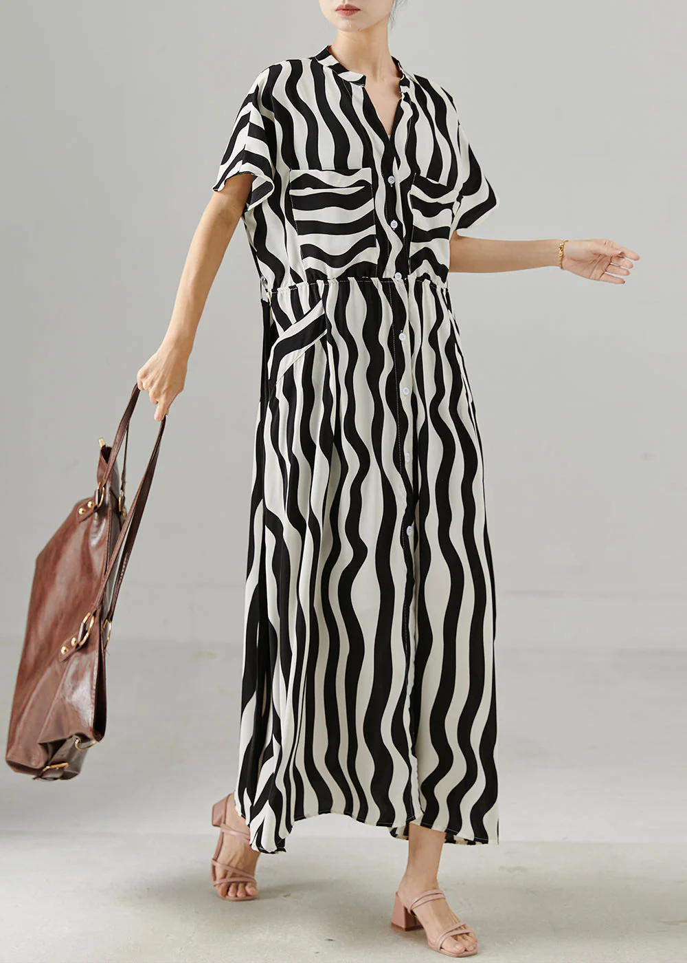 Chic Black Tie Waist Striped Chiffon Work Dress Summer - Image 2