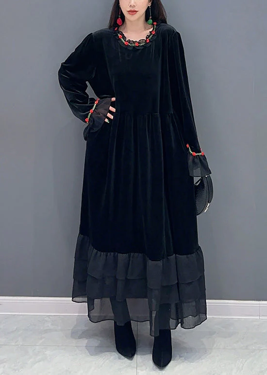 Chic Black Tulle Patchwork Silk Velvet Long Dresses Spring - Image 2