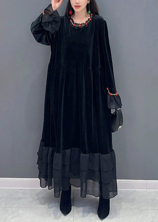 Chic Black Tulle Patchwork Silk Velvet Long Dresses Spring - Image 3