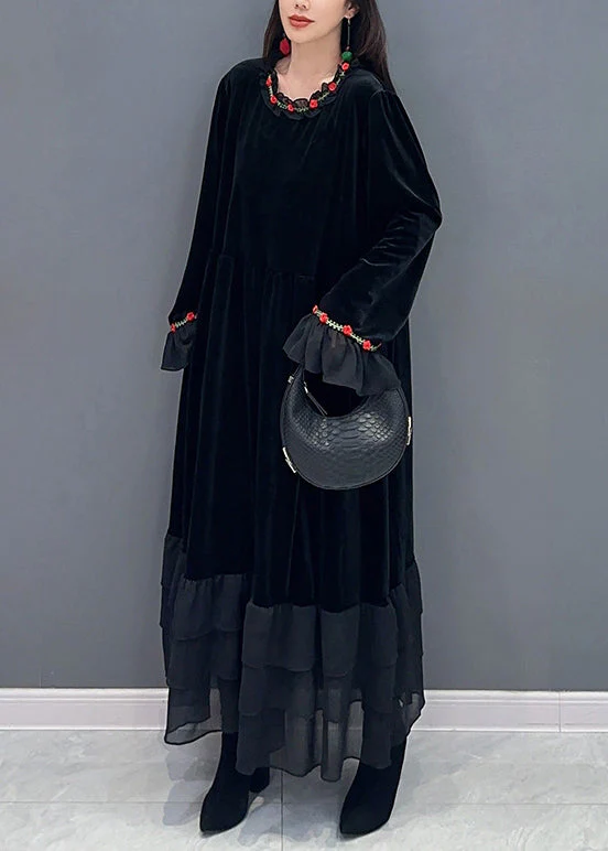 Chic Black Tulle Patchwork Silk Velvet Long Dresses Spring - Image 4