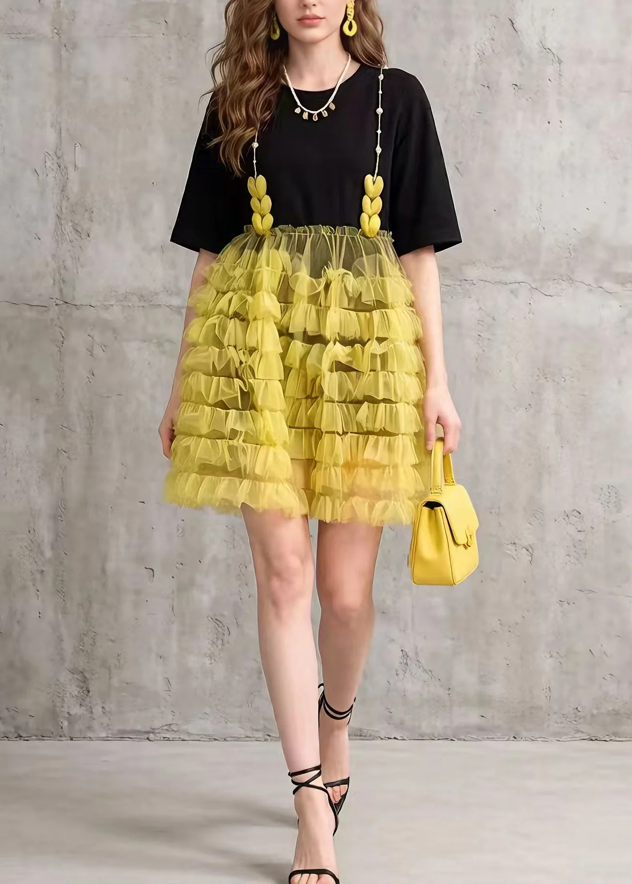 Chic Black Tulle Ruffled Patchwork Cotton Mid Dress Summer - Image 5