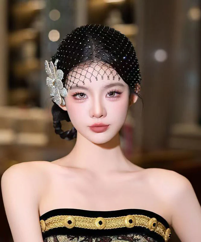 Chic Black Tulle Zircon Floral And HairPiece Two-Piece Set - Image 2
