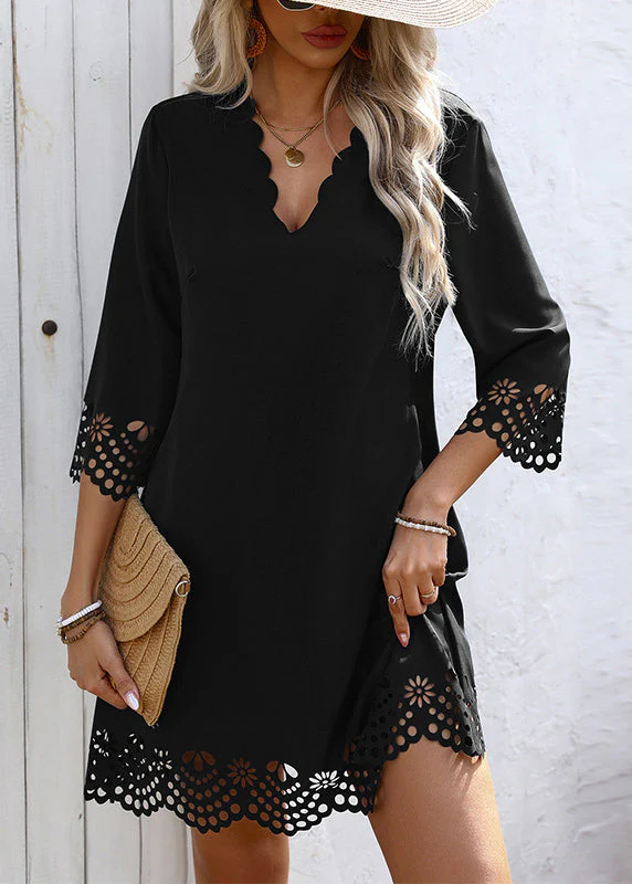 Chic Black V Neck A Line Mid Dresses Half Sleeve