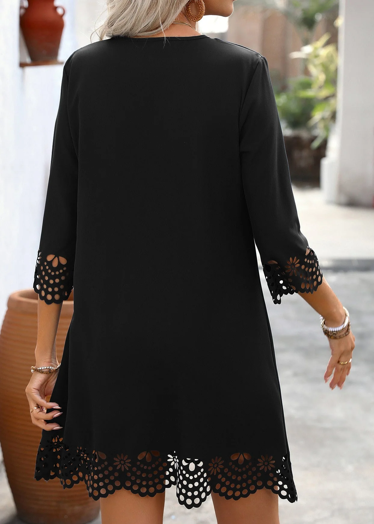 Chic Black V Neck A Line Mid Dresses Half Sleeve - Image 5