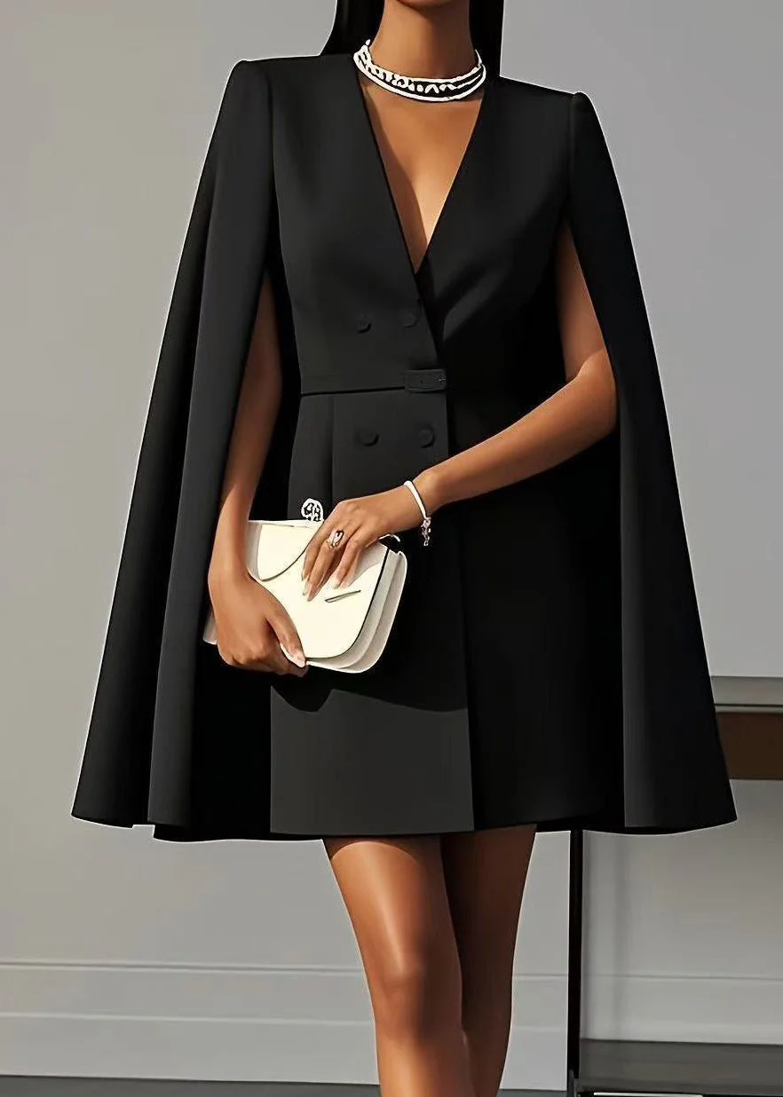Chic Black V Neck Patchwork Spandex Work Dress Cloak Sleeves