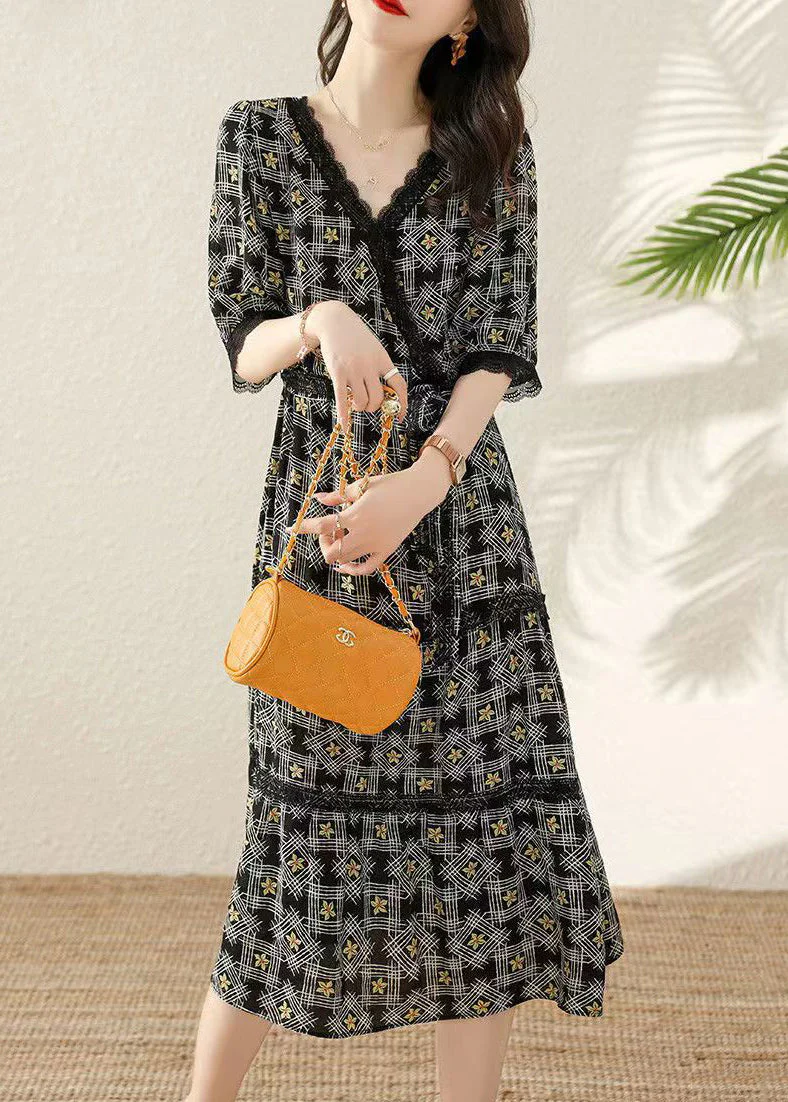 Chic Black V Neck Print Tie Waist Cotton Long Dresses Half Sleeve - Image 2
