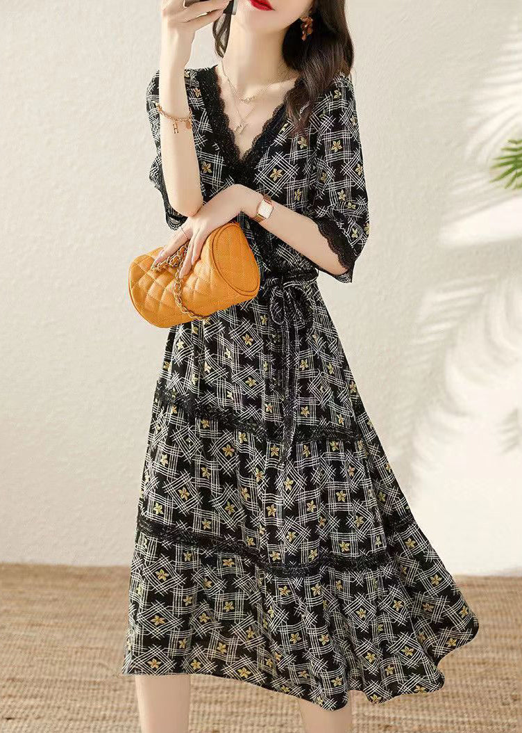 Chic Black V Neck Print Tie Waist Cotton Long Dresses Half Sleeve - Image 4