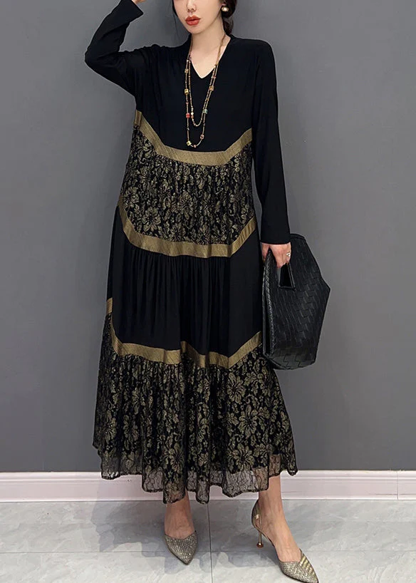 Chic Black V Neck Print Tulle Patchwork Cotton Dresses Fall - Image 2