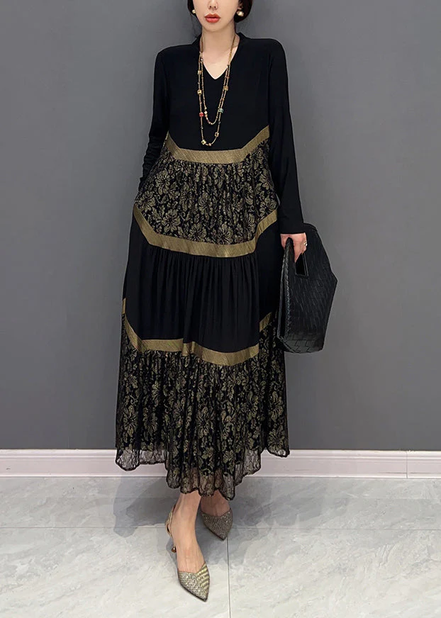 Chic Black V Neck Print Tulle Patchwork Cotton Dresses Fall - Image 3