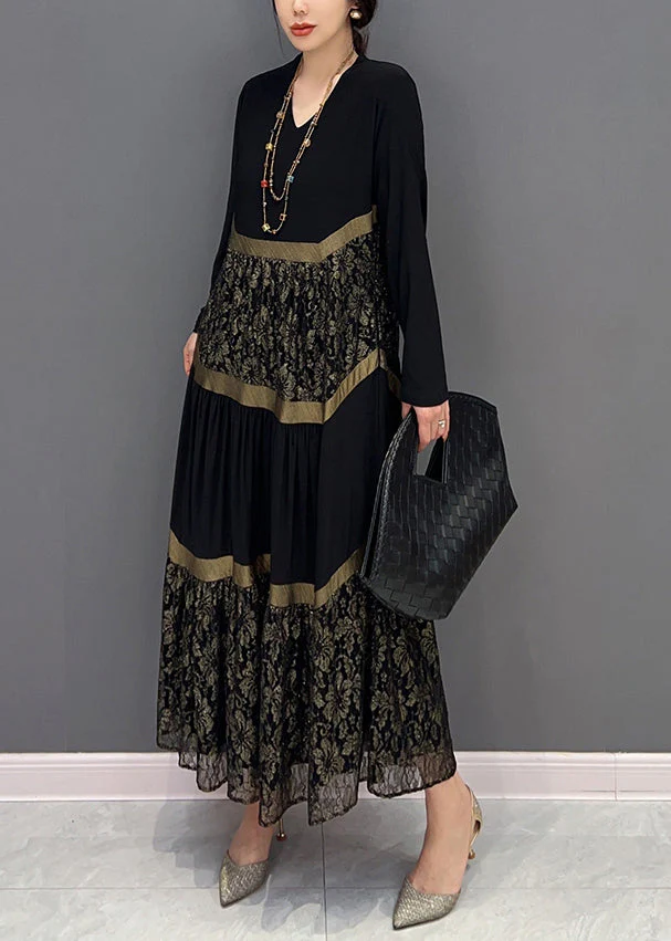 Chic Black V Neck Print Tulle Patchwork Cotton Dresses Fall - Image 4