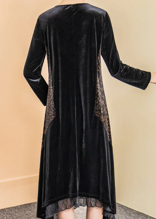 Chic Black V Neck Ruffled Zircon Patchwork Velour Dress Fall - Image 4