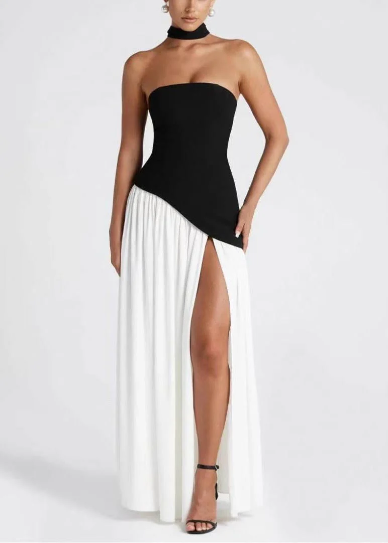 Chic Black White Patchwork Side Open Chiffon Party Dresses