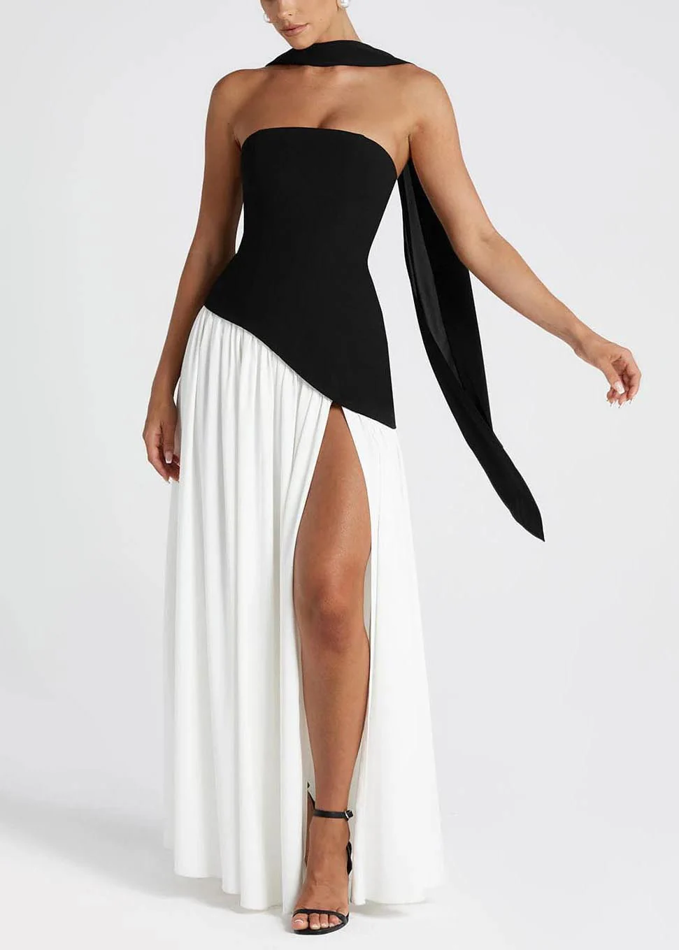 Chic Black White Patchwork Side Open Chiffon Party Dresses - Image 2