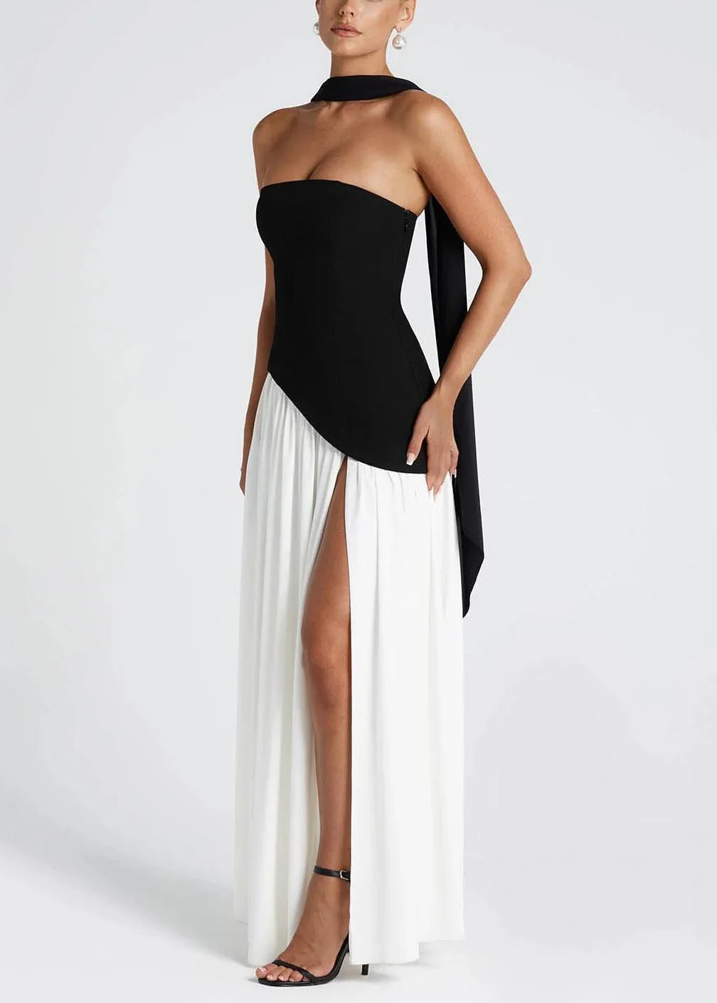 Chic Black White Patchwork Side Open Chiffon Party Dresses - Image 3