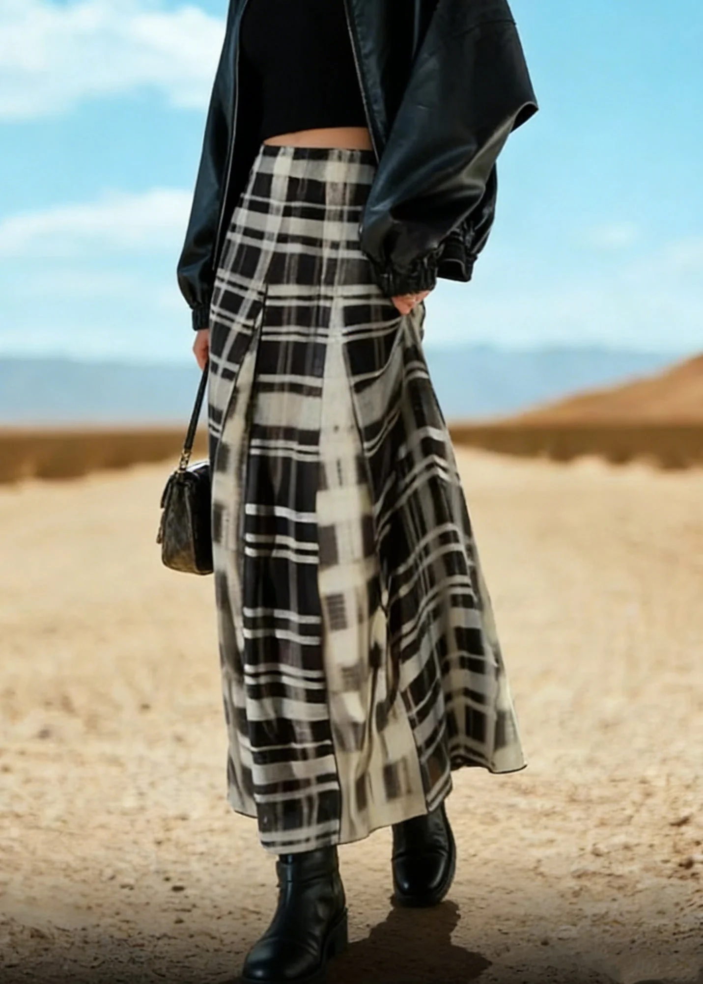 Chic Black White Plaid A Line Skirt Spring - Image 5