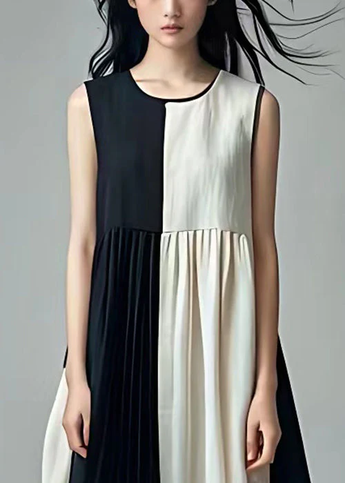 Chic Black Wrinkled Patchwork Cotton Dresses Sleeveless - Image 4