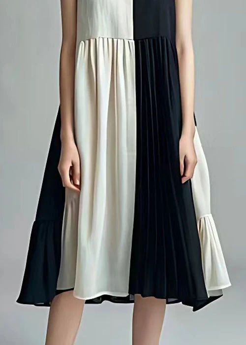 Chic Black Wrinkled Patchwork Cotton Dresses Sleeveless - Image 5
