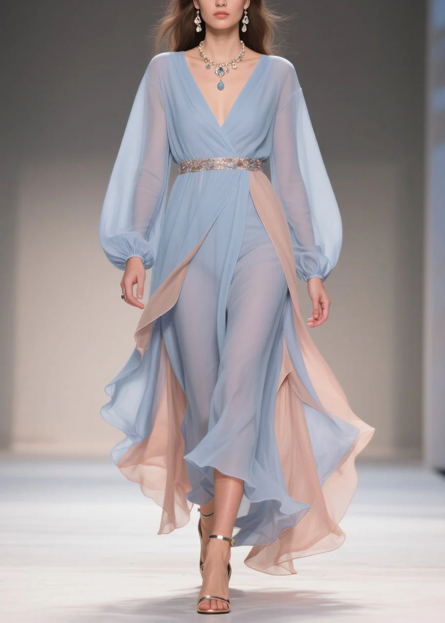 Chic Blue Asymmetrical High Waist Patchwork Chiffon Party Dress