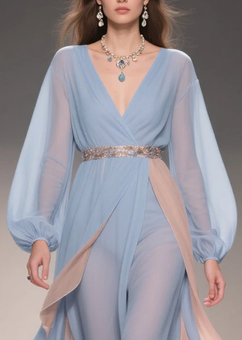Chic Blue Asymmetrical High Waist Patchwork Chiffon Party Dress - Image 2