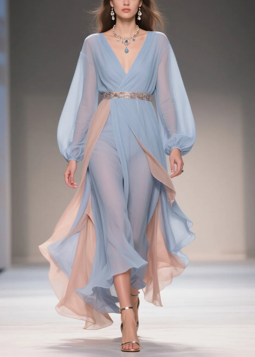 Chic Blue Asymmetrical High Waist Patchwork Chiffon Party Dress - Image 3