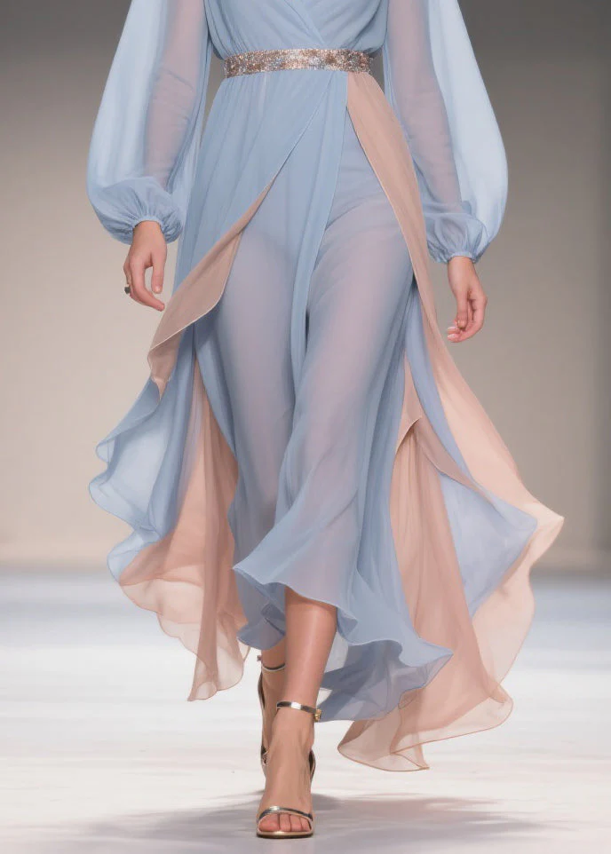 Chic Blue Asymmetrical High Waist Patchwork Chiffon Party Dress - Image 4
