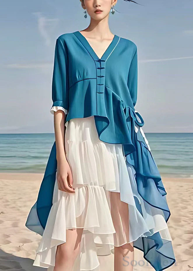 Chic Blue Asymmetrical Patchwork Chiffon Dress Half Sleeve - Image 2