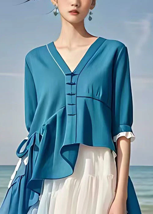 Chic Blue Asymmetrical Patchwork Chiffon Dress Half Sleeve - Image 3