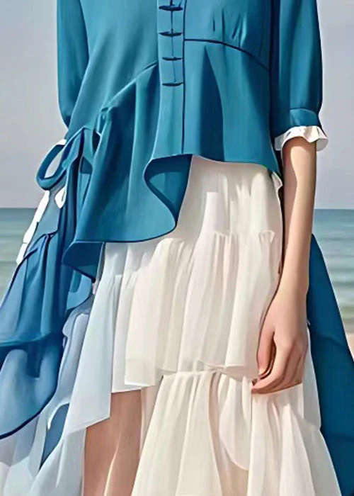 Chic Blue Asymmetrical Patchwork Chiffon Dress Half Sleeve - Image 4