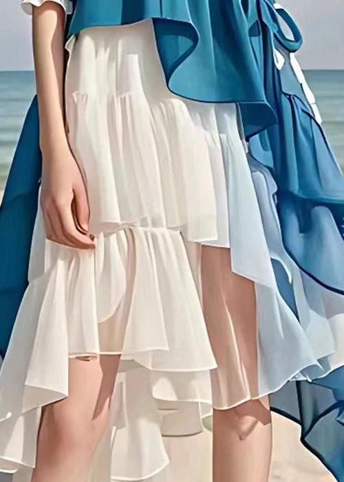 Chic Blue Asymmetrical Patchwork Chiffon Dress Half Sleeve - Image 5