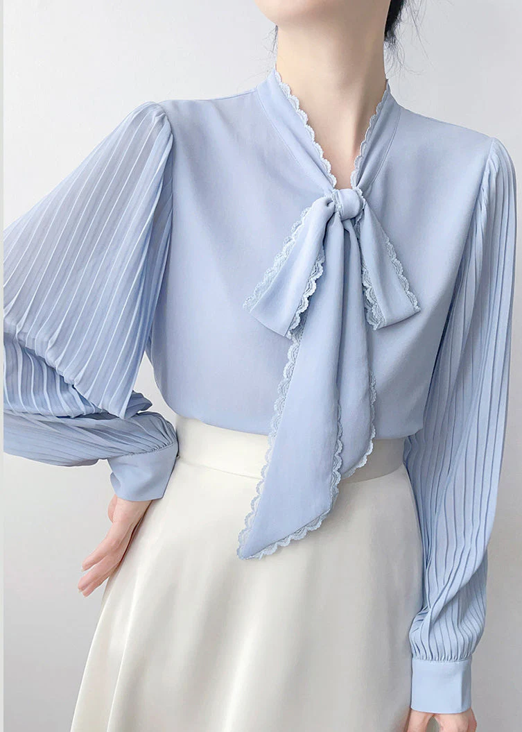 Chic Blue Bow Draping Chiffon Pleated Shirts Spring - Image 2