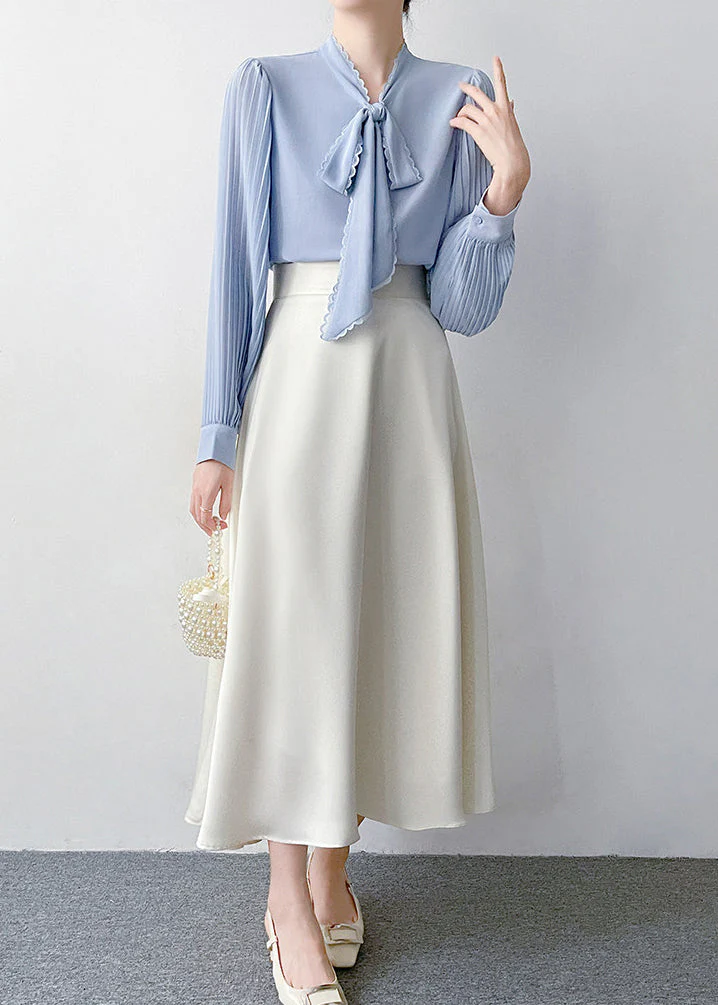 Chic Blue Bow Draping Chiffon Pleated Shirts Spring - Image 3