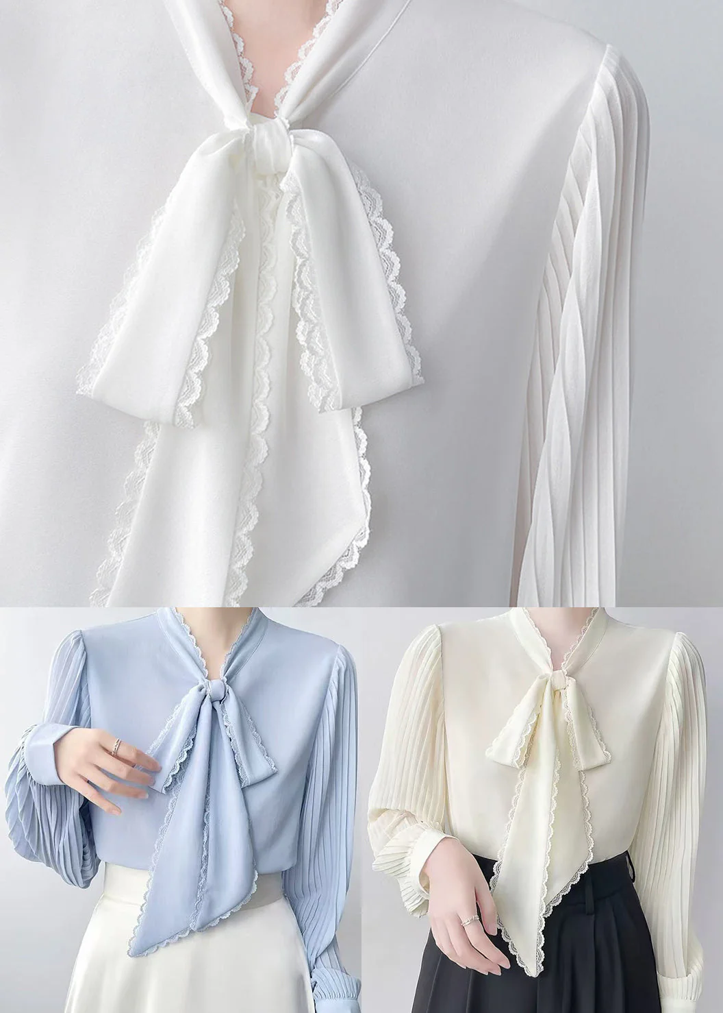 Chic Blue Bow Draping Chiffon Pleated Shirts Spring - Image 4