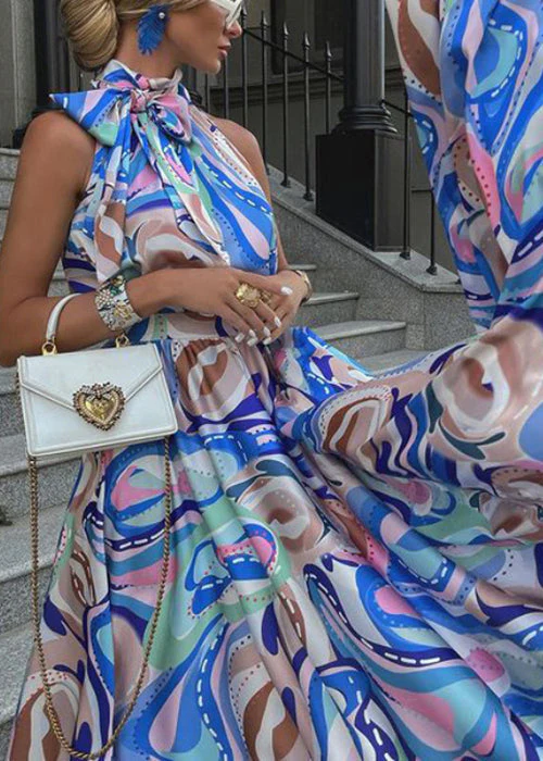 Chic Blue Bow Print High Waist Cotton Maxi Dress Summer - Image 4