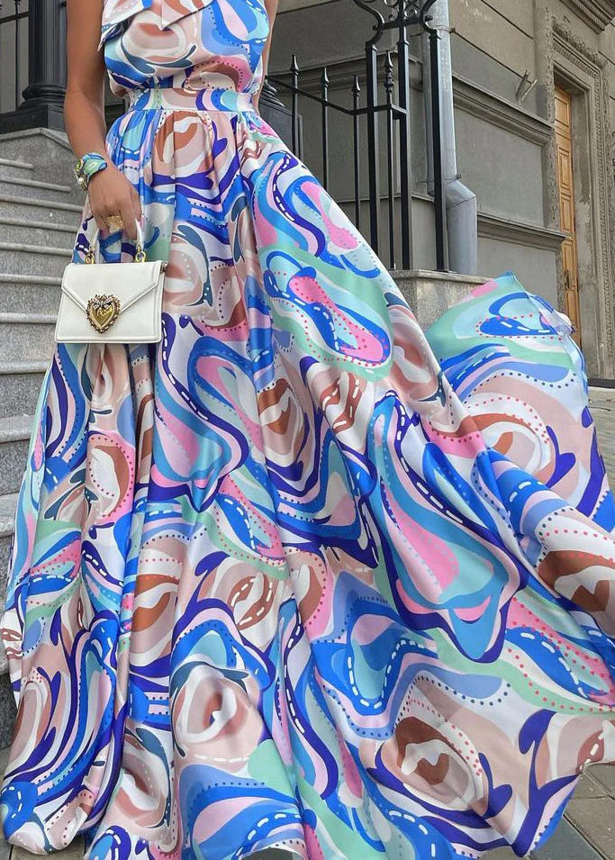 Chic Blue Bow Print High Waist Cotton Maxi Dress Summer - Image 5