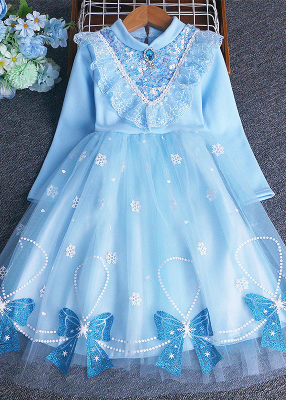 Chic Blue Bow Sequins Patchwork Warm Fleece Baby Girls Dress Winter - Image 2