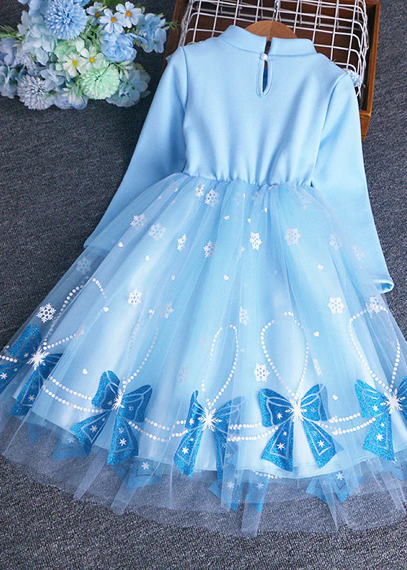 Chic Blue Bow Sequins Patchwork Warm Fleece Baby Girls Dress Winter - Image 3