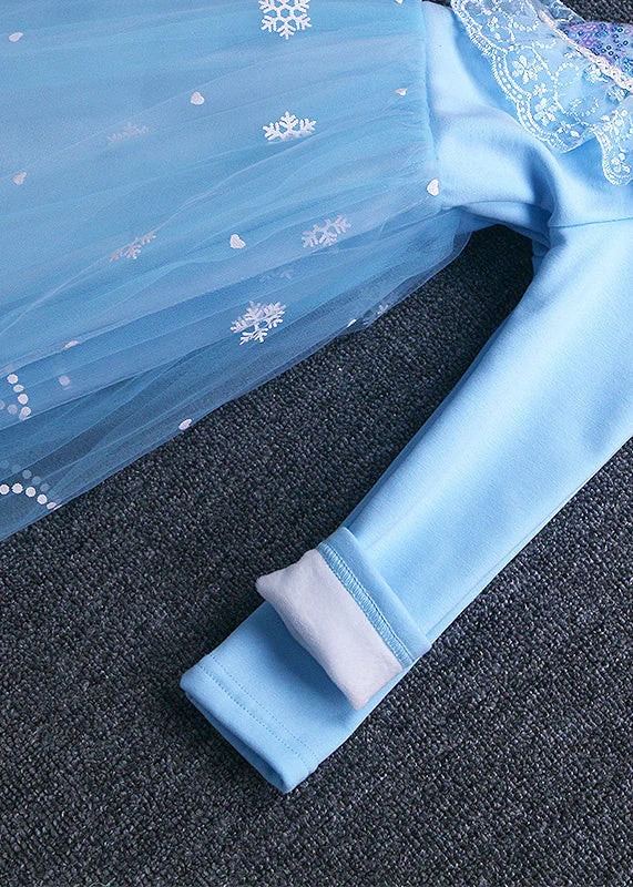 Chic Blue Bow Sequins Patchwork Warm Fleece Baby Girls Dress Winter - Image 4