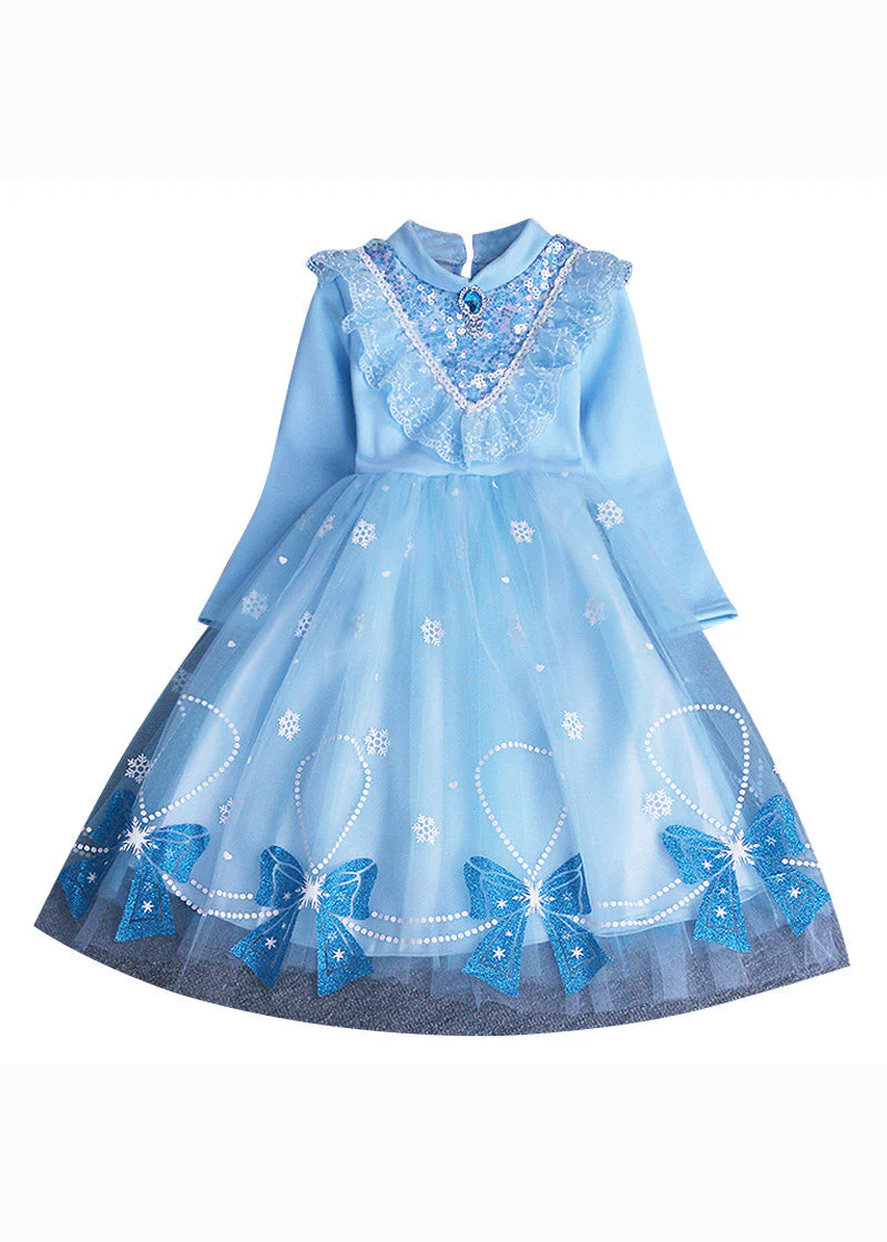 Chic Blue Bow Sequins Patchwork Warm Fleece Baby Girls Dress Winter - Image 5