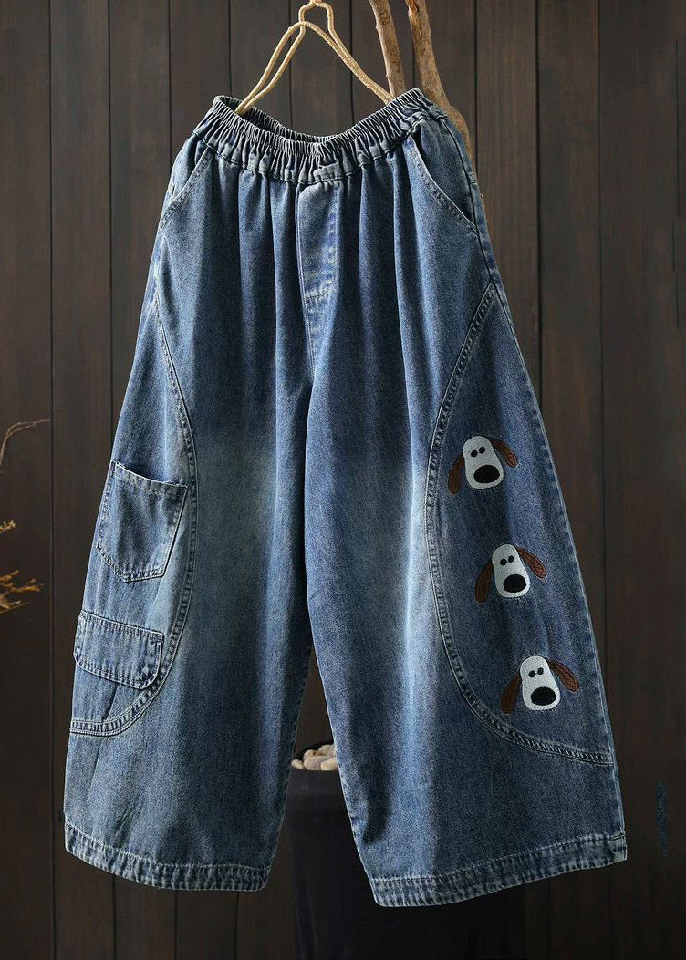 Chic Blue Elastic Waist Pockets Print Crop Jeans - Image 2
