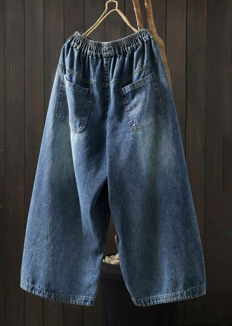 Chic Blue Elastic Waist Pockets Print Crop Jeans - Image 3