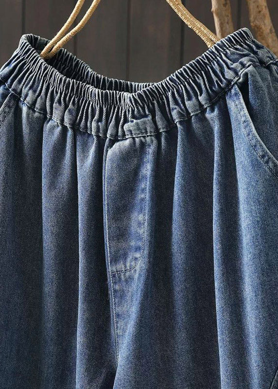 Chic Blue Elastic Waist Pockets Print Crop Jeans - Image 4