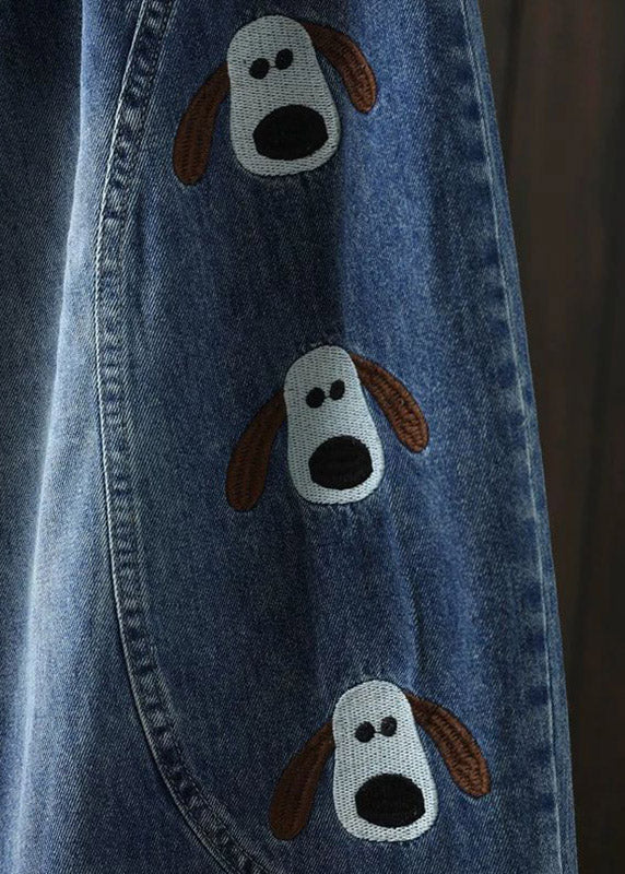 Chic Blue Elastic Waist Pockets Print Crop Jeans - Image 5