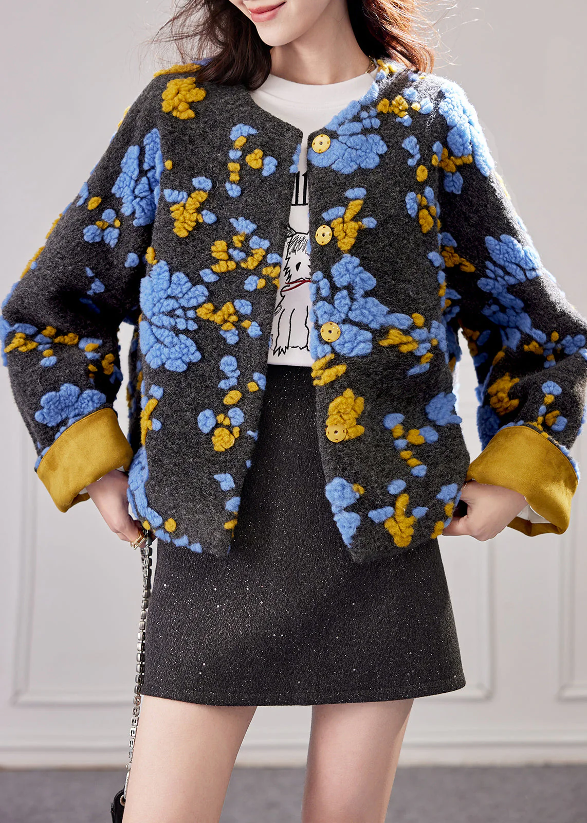 Chic Blue Embroidered Button Duck Down Woolen Coat Winte - Image 2