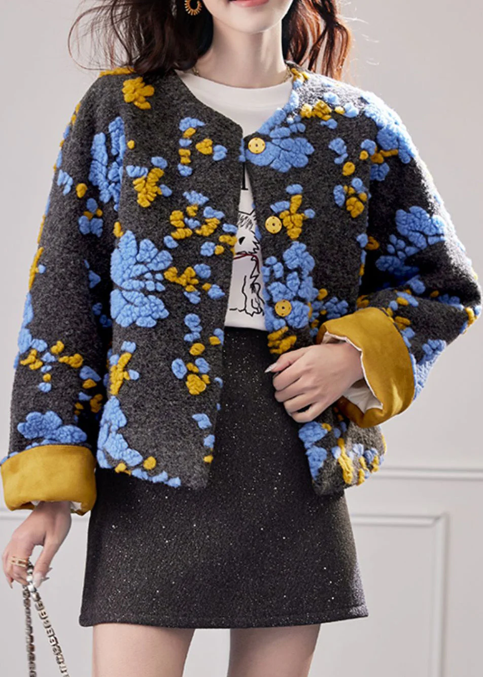 Chic Blue Embroidered Button Duck Down Woolen Coat Winte - Image 3