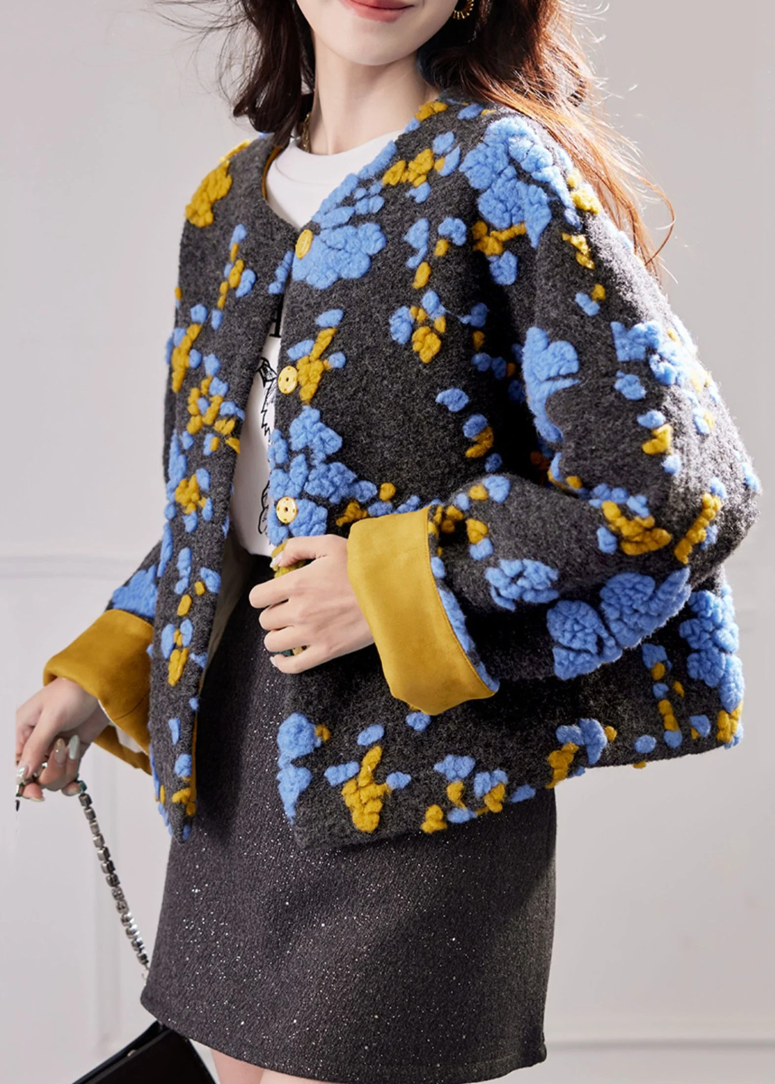 Chic Blue Embroidered Button Duck Down Woolen Coat Winte - Image 4