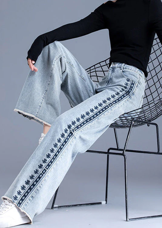 Chic Blue Embroidered Pockets Patchwork Denim Pants Spring - Image 4